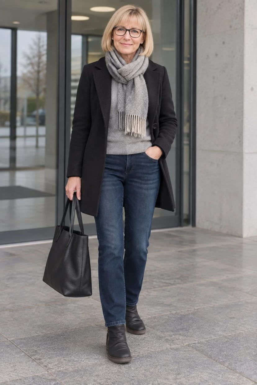 Frau trägt Gerade Jeans, Longblazer und schwarze Stiefelette – Bürotag mit Termin außer Haus