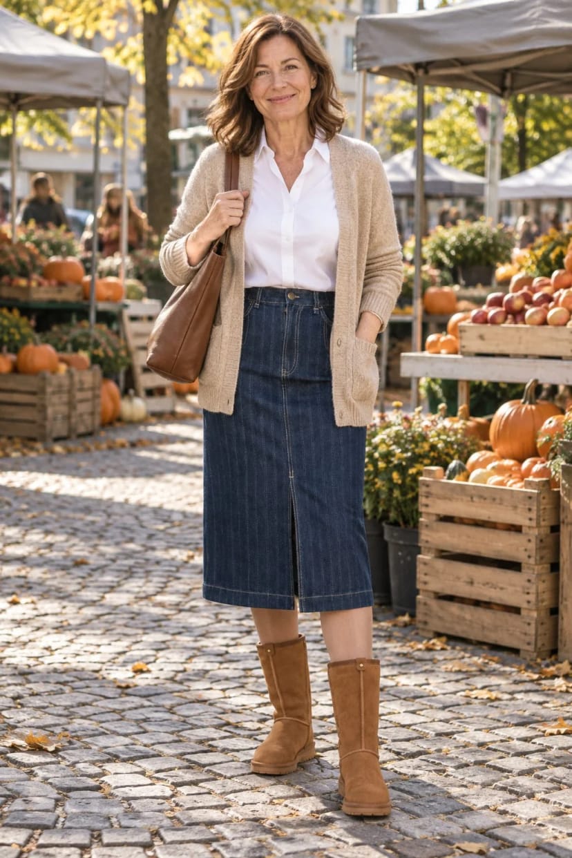 Frau trägt Jeansrock in Midi mit cognacbraunen Boots – Samstag auf dem Wochenmarkt bei Sonne