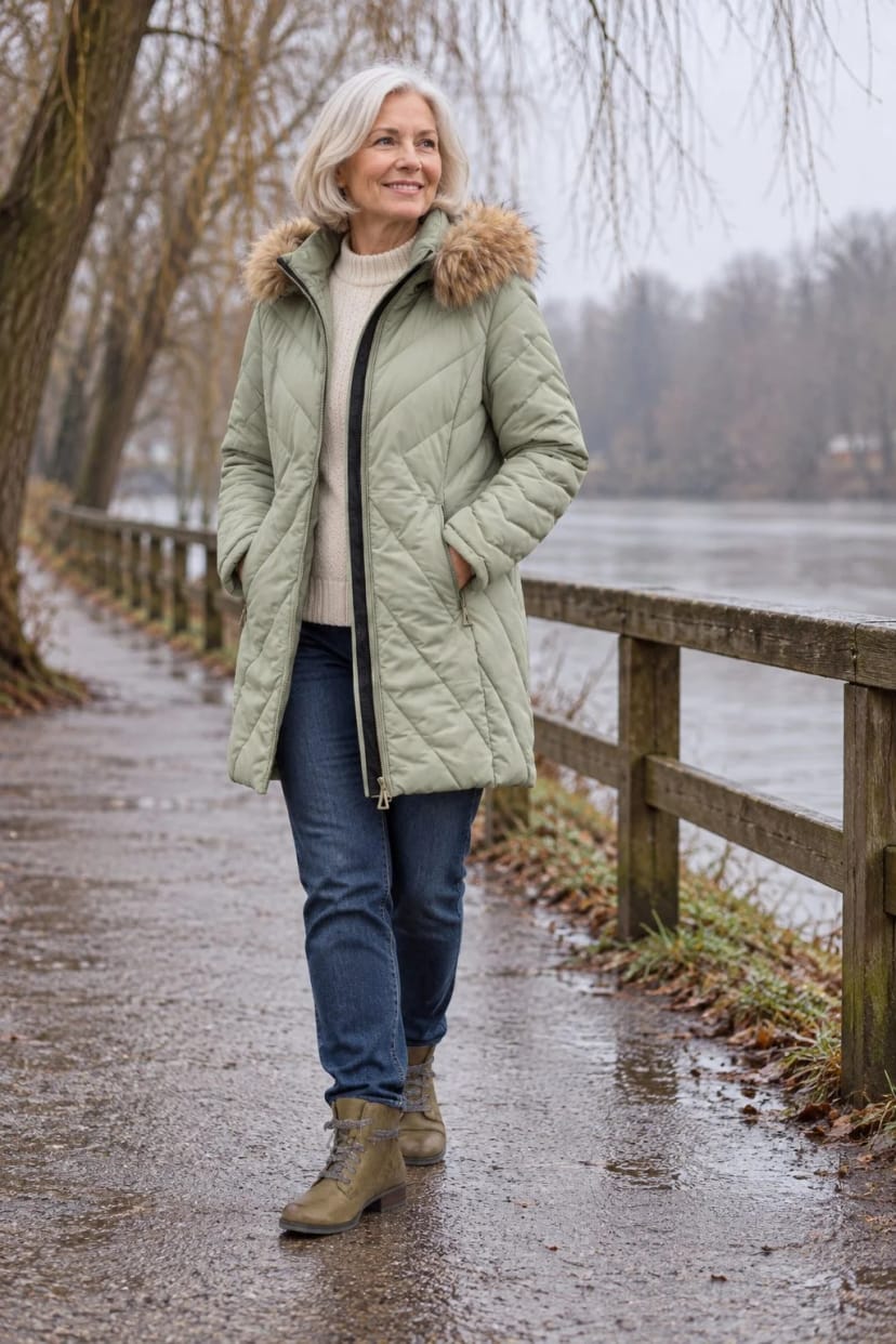 Frau trägt Lindgrüner Kurzmantel zu Jeans und oliver Stiefelette – Runde mit dem Hund bei Wind und Niesel