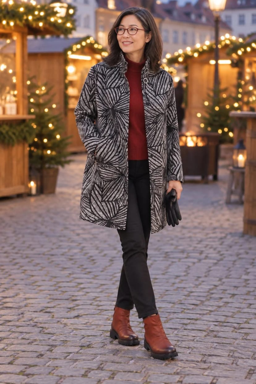 Frau trägt Rote Stiefelette zu schwarz-weißem Kurzmantel – Besuch auf dem Adventsmarkt