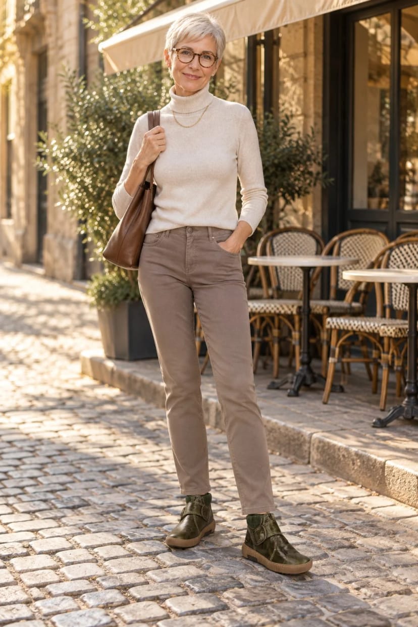 Frau trägt Salbei und Taupe, Ton in Ton bis zum Schuh – Cafébesuch mit einer Freundin am Nachmittag