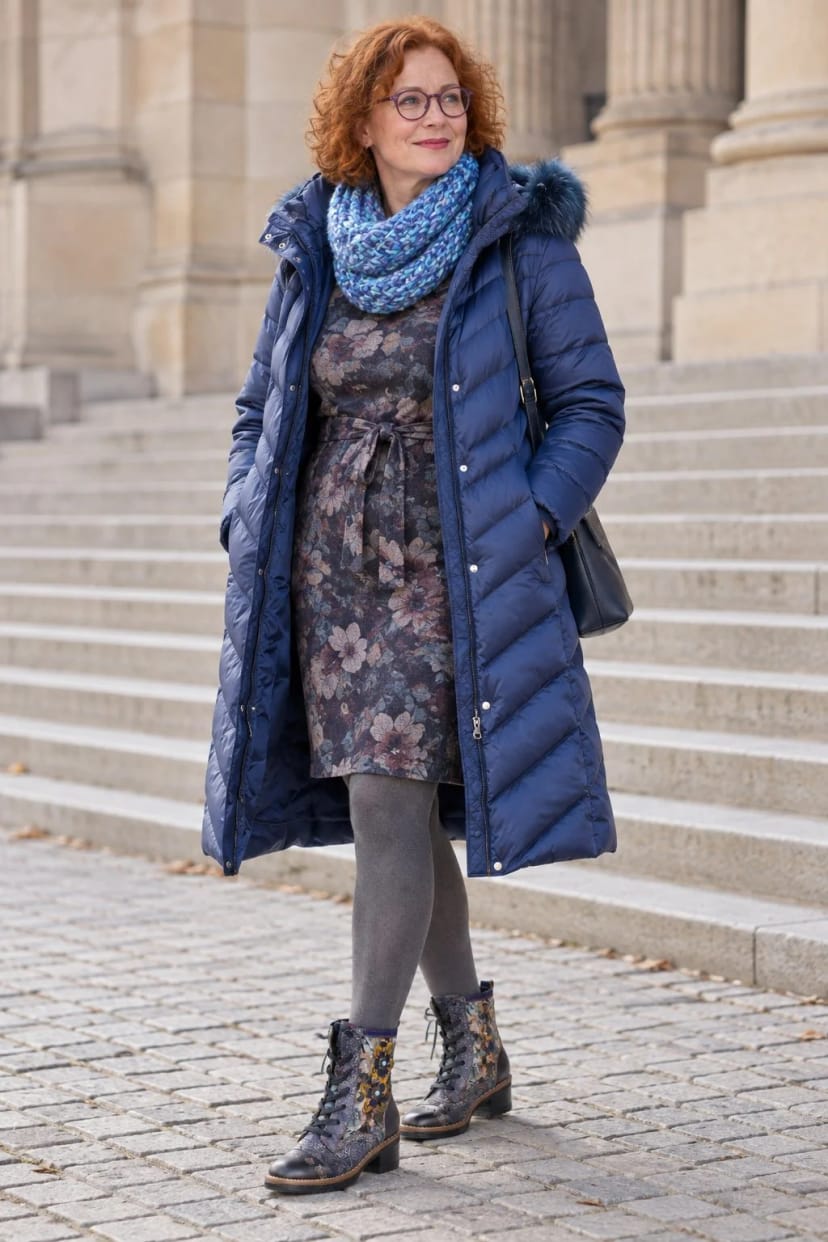 Frau trägt Violette Schnürstiefelette unter saphirblauem Daunenmantel – Museumsbesuch an einem eiskalten Sonntag