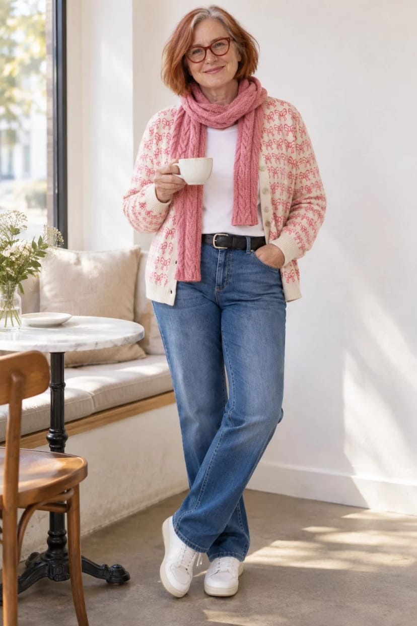 Frau trägt Hafer mit Pink zu Jeans – Frühstück im Café