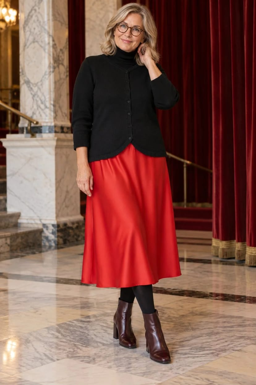 Frau trägt Schwarz und Mohnrot – Theaterabend