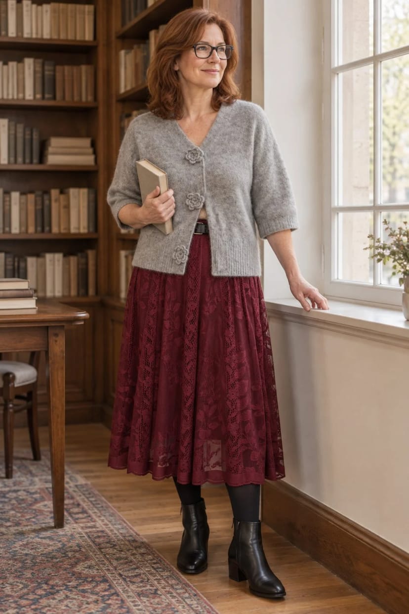 Frau trägt Graue Strickjacke mit weinrotem Midirock – Nachmittag in der Stadtbibliothek