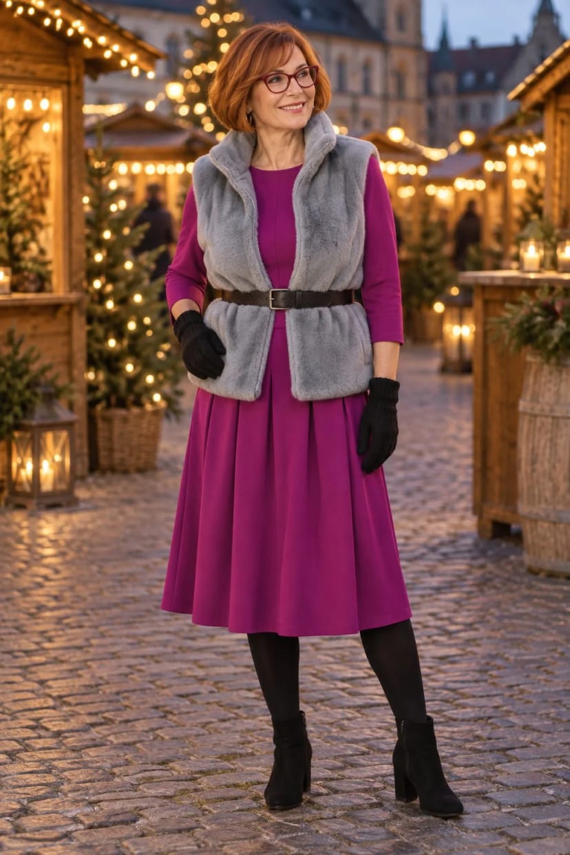 Frau trägt Kunstfellweste über beerenfarbenem Kleid – Bummel über den Adventsmarkt
