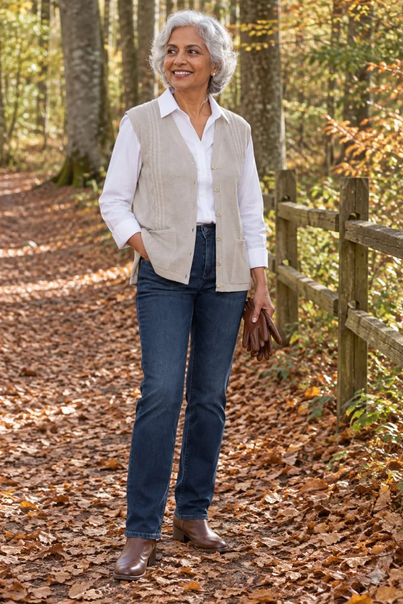 Frau trägt Zopfstrickweste mit breitem Gürtel und Jeans – Herbstwanderung am Waldrand