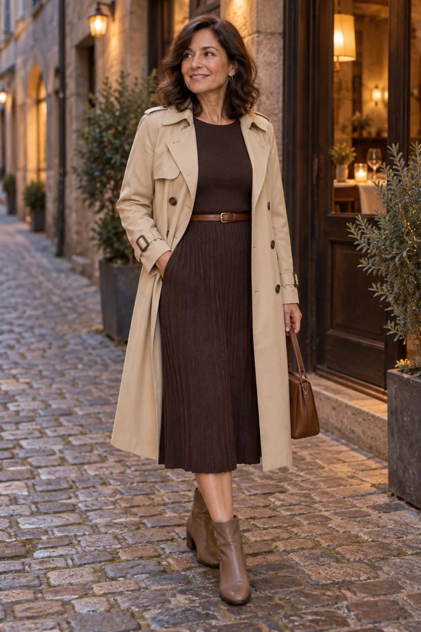 Frau trägt Cappuccino-Trench über kaffeebraunem Midikleid – Essen gehen am frühen Abend