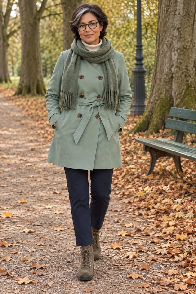 Frau trägt Grüner Trench, dunkelblaue Hose, Schal in Salbei – Runde durch den Park