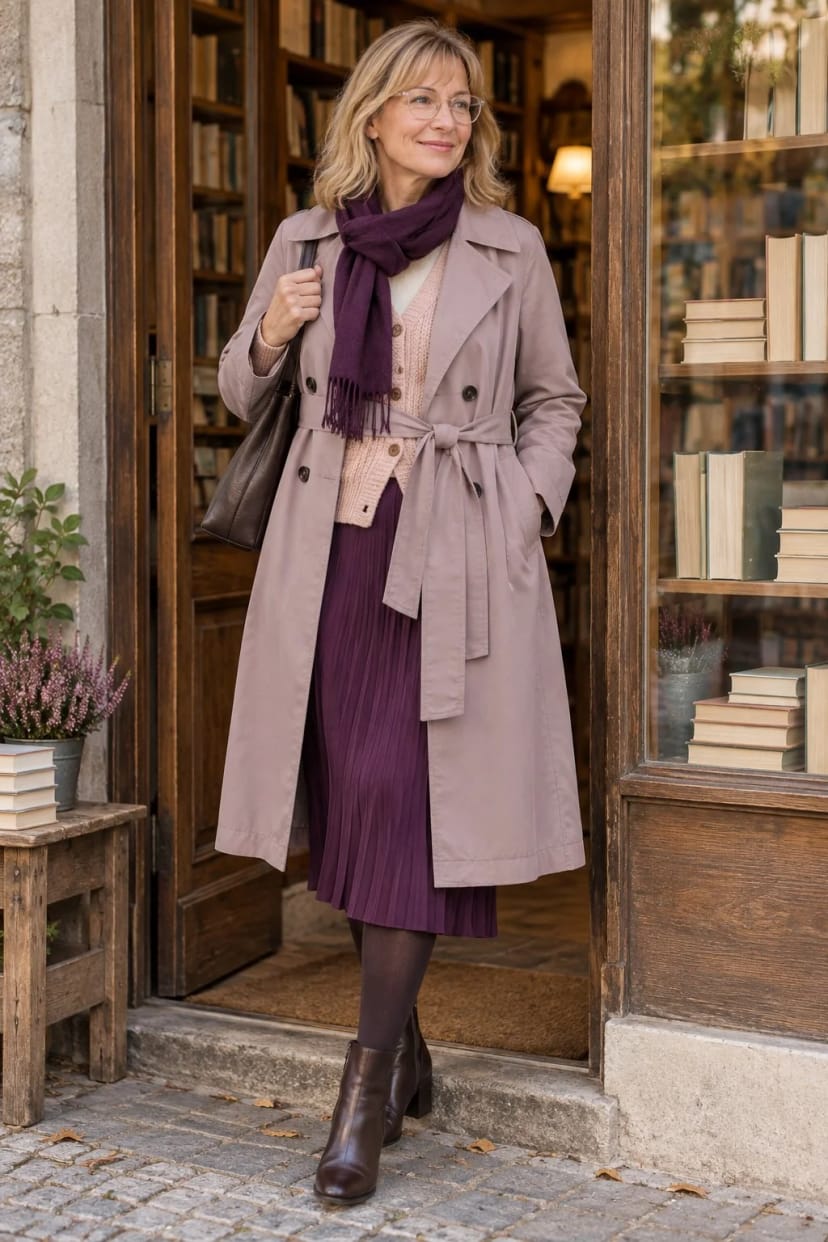 Frau trägt Langer Mauve-Trench mit beerenfarbenem Rock – Nachmittags in die Buchhandlung