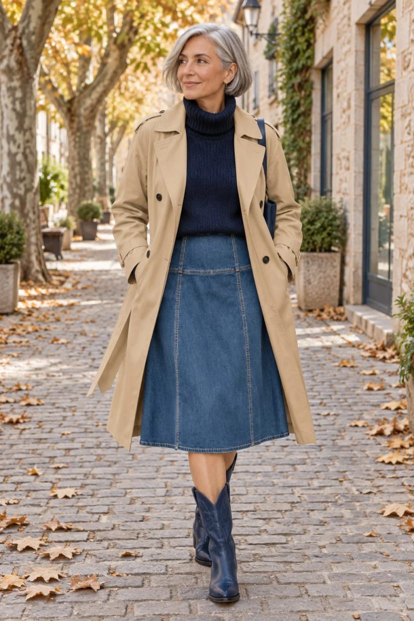 Frau trägt Langer Trench über Jeansrock und Boots – Stadtbummel am Nachmittag