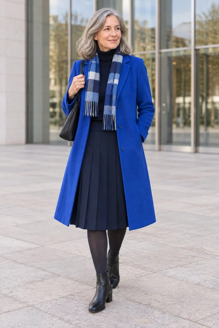 Frau trägt Royalblauer Mantel zum marineblauen Faltenrock – Konzert am Sonntagvormittag