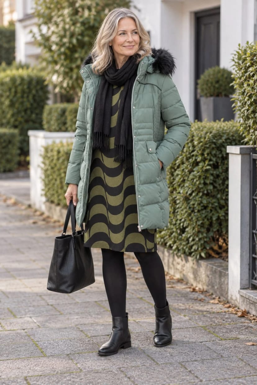 Frau trägt Flaschengrüner Kurzmantel zum Khaki-Kleid – Flaschengrün mit Schwarz
