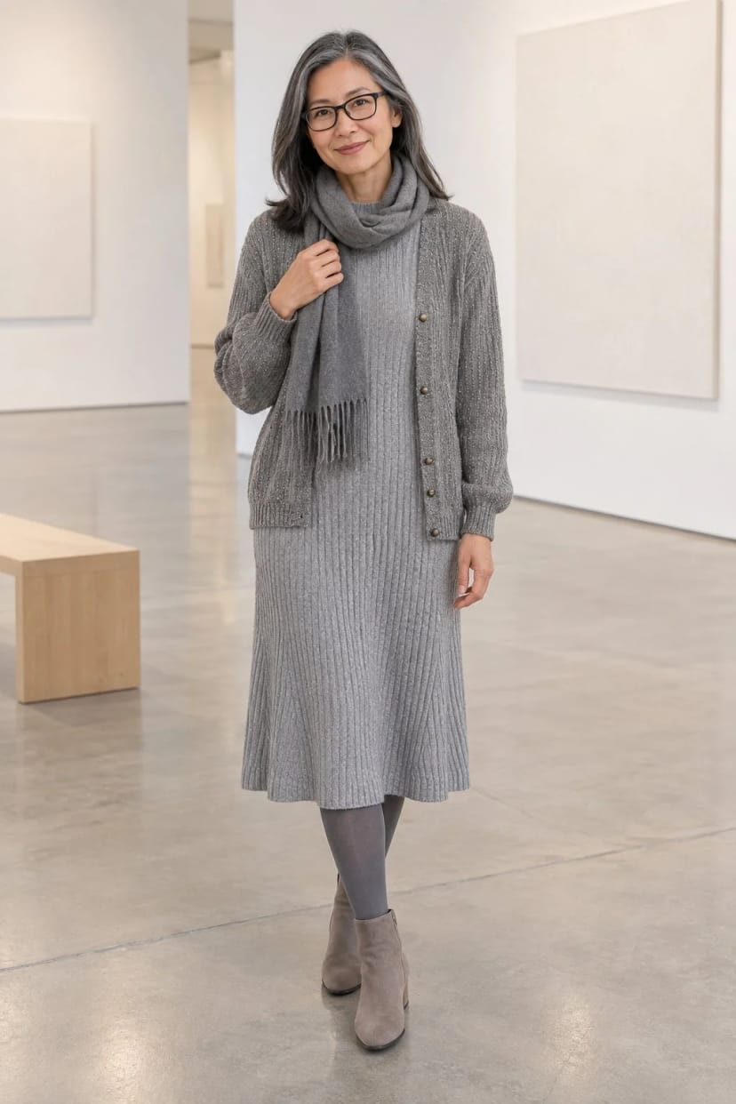 Frau trägt Graues Strickkleid mit Alpaka-Strickjacke – Grau auf Grau