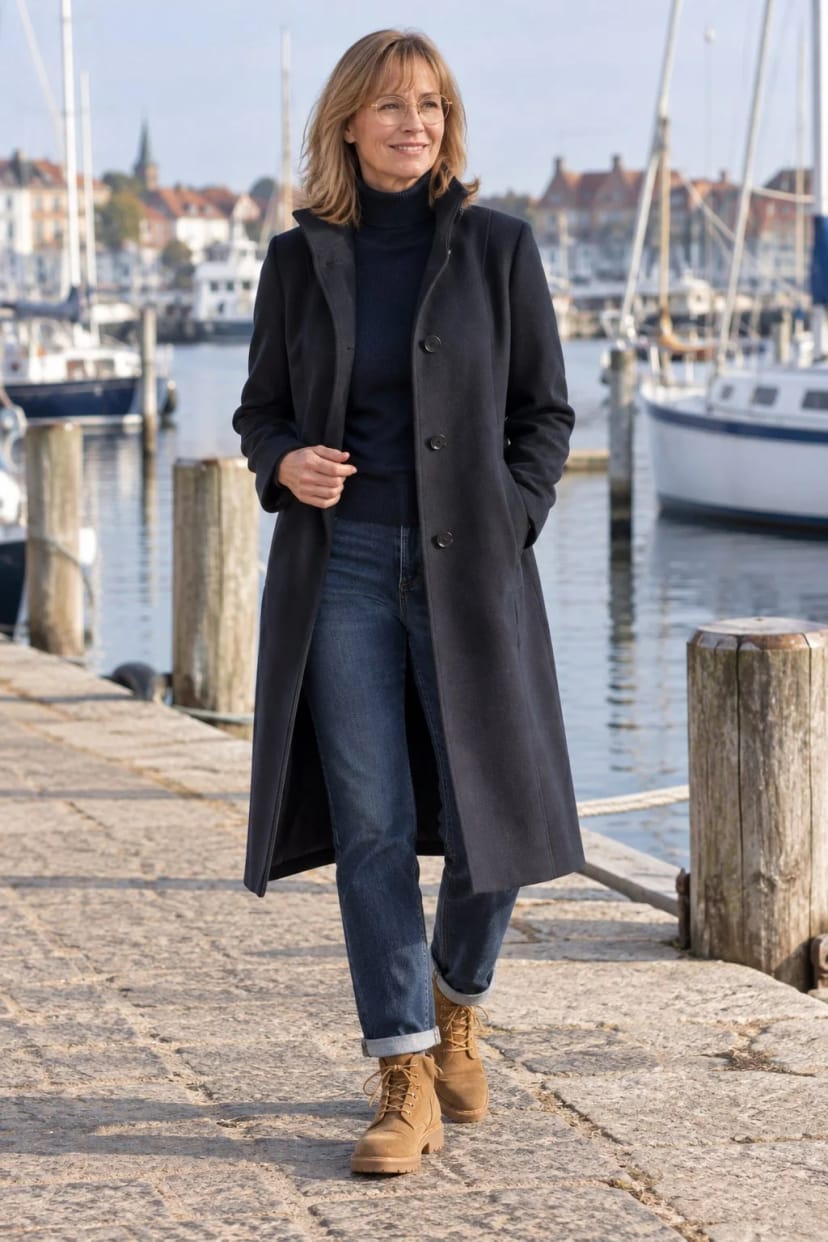 Frau trägt Indigoblauer Mantel zur blauen Jeans – Indigo mit Cognac