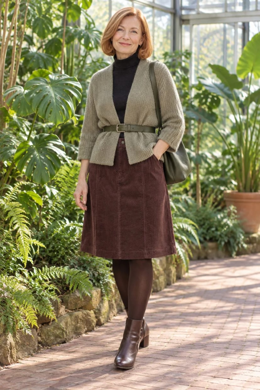 Frau trägt Khaki-Strickjacke zum schokobraunen Midirock – Khaki mit Schokobraun