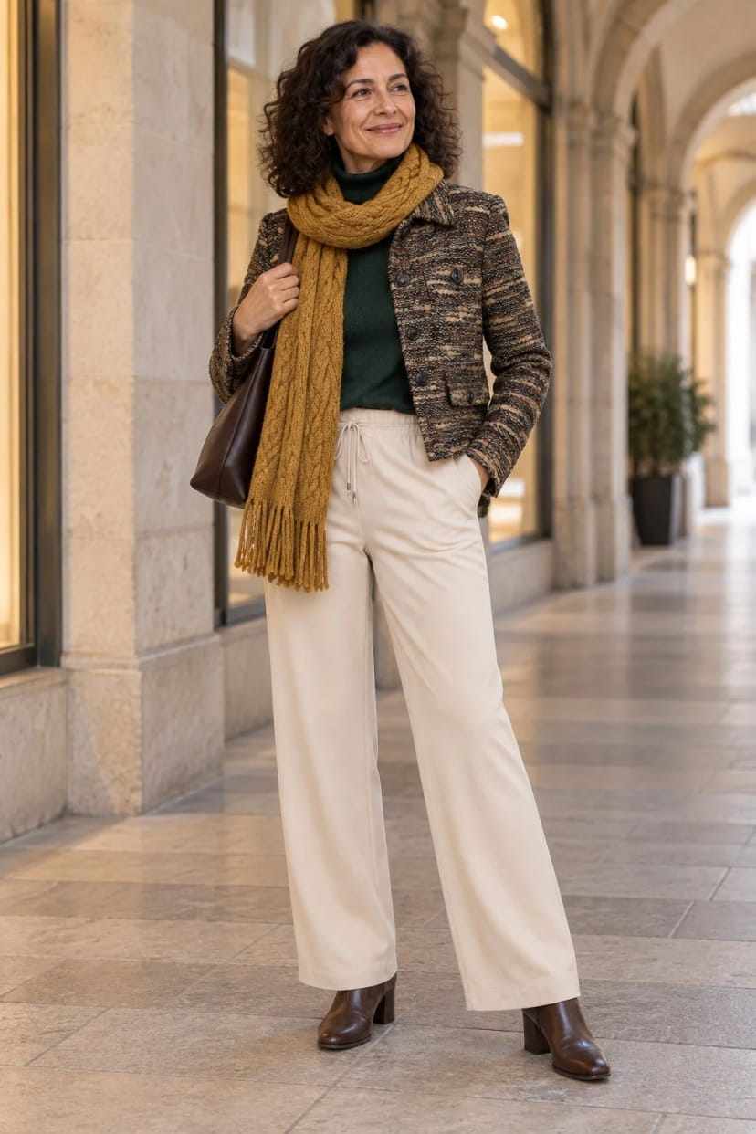 Frau trägt Tweedblazer mit Rollkragen und weiter Hose – Buchhandlung und Stadtcafé