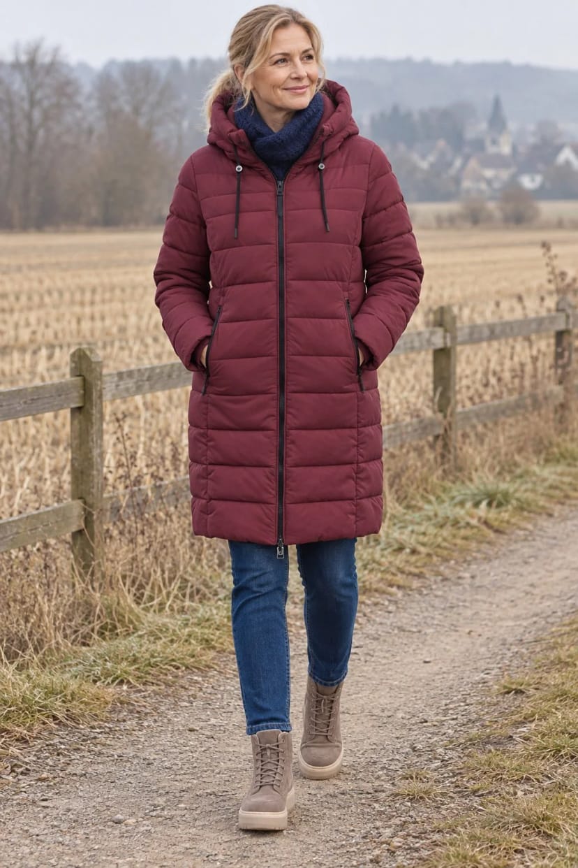 Frau trägt Weinrote Steppjacke mit Kapuze zur dunklen Jeans – Runde mit dem Hund