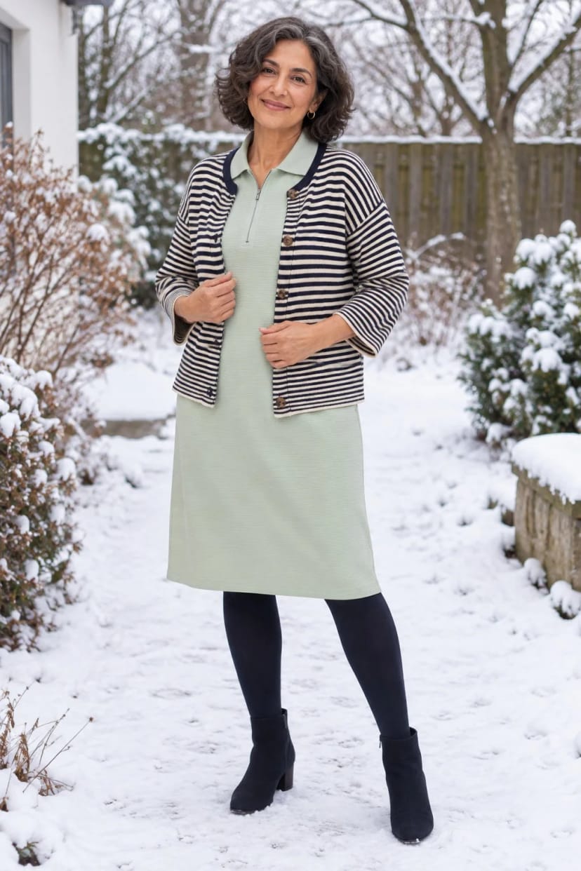Frau trägt Frostgrünes Strickkleid mit Marine-Jacke – Mittagessen mit kleinen Kindern und Spaziergang