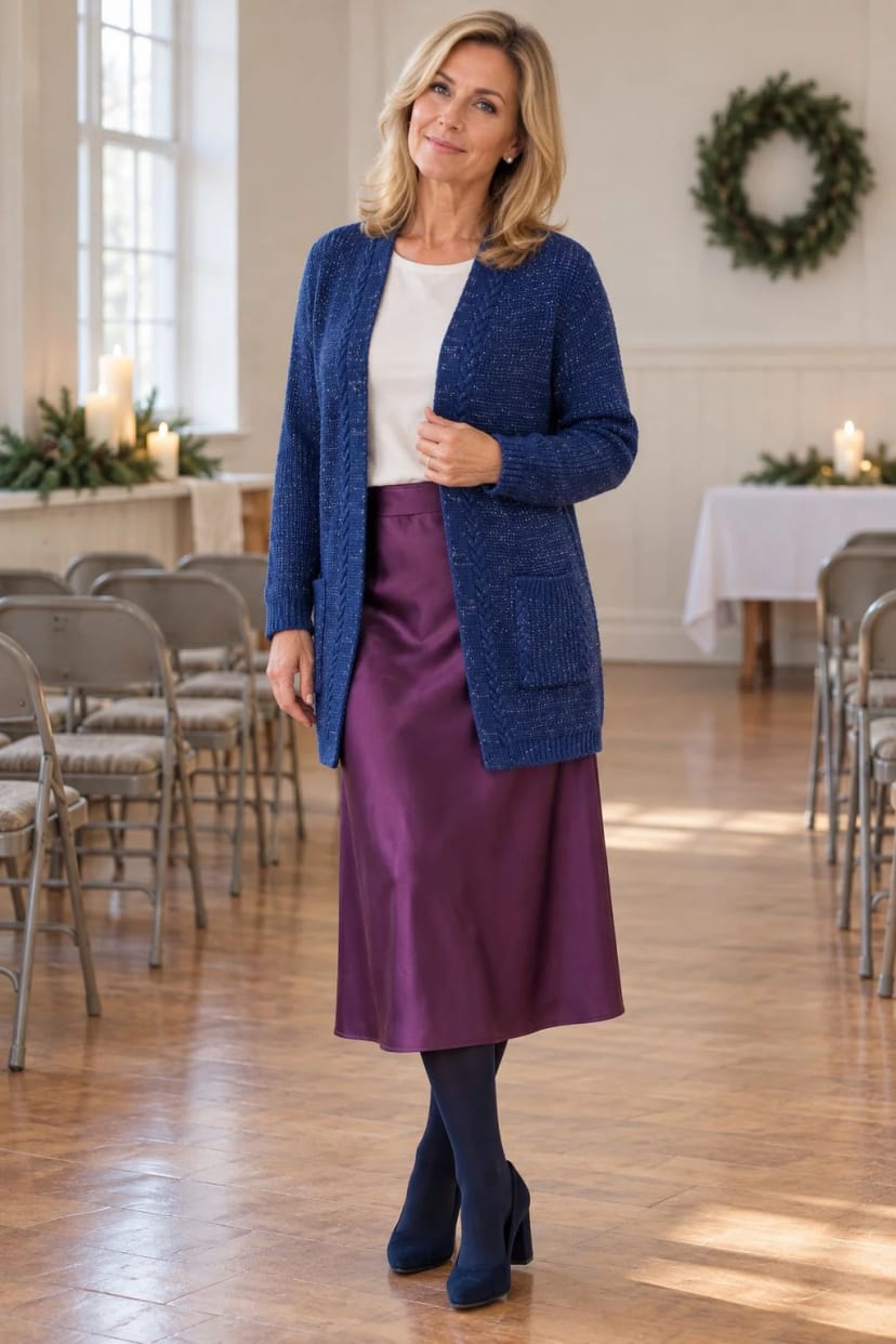 Frau trägt Glitzer-Strickjacke zum Satinrock in Marine – Weihnachtsfeier des Chors nach dem Konzert