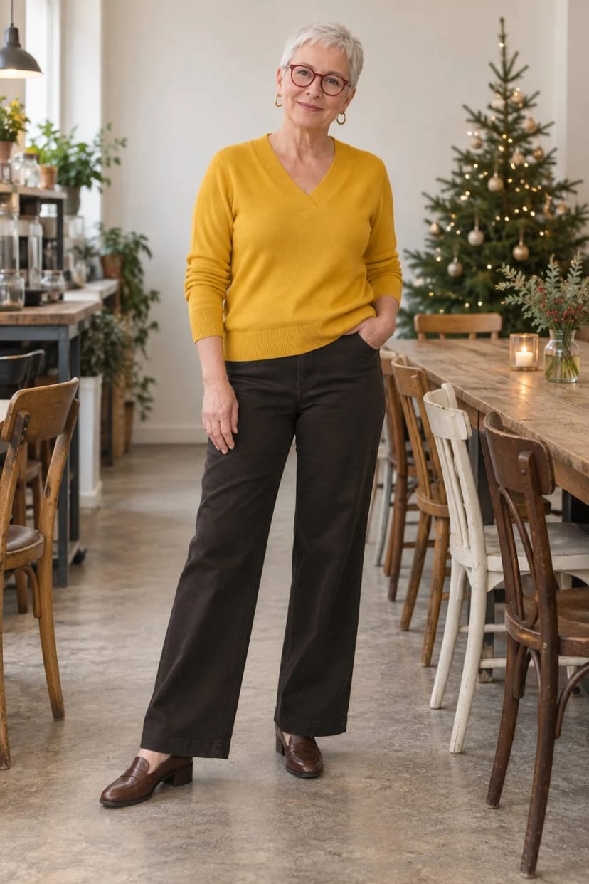 Frau trägt Goldgelber V-Pullover zur Espresso-Hose – Weihnachtstreffen der ehemaligen Kolleginnen im Café