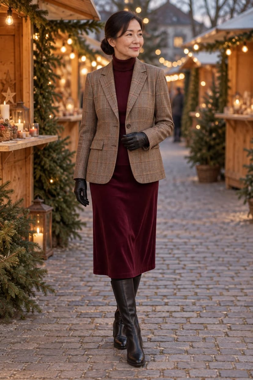 Frau trägt Karo-Blazer mit Bordeaux-Rock und Karminmantel – Teamausflug auf den Weihnachtsmarkt mit Essen danach