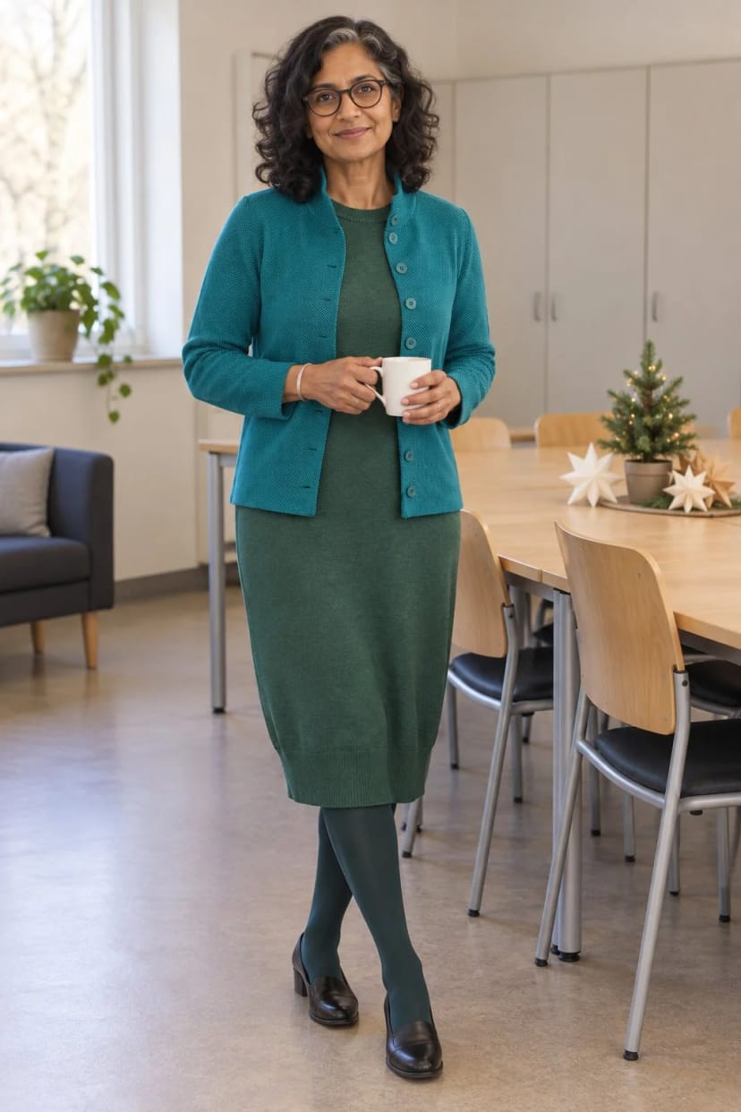 Frau trägt Petrol-Strickjacke zum Midikleid – Weihnachtsfeier im Kollegium der Schule