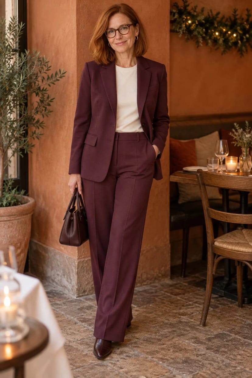Frau trägt Portwein-Blazer zur Bordeaux-Hose – Weihnachtsessen mit Kolleginnen
