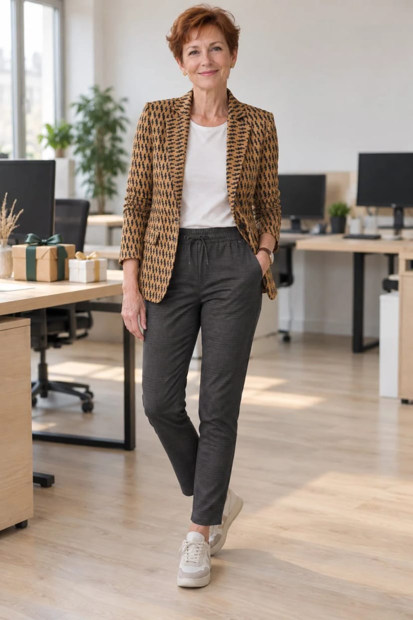 Frau trägt Caramel-Longblazer mit Braun in Braun – Wichteln am Nachmittag im Großraumbüro