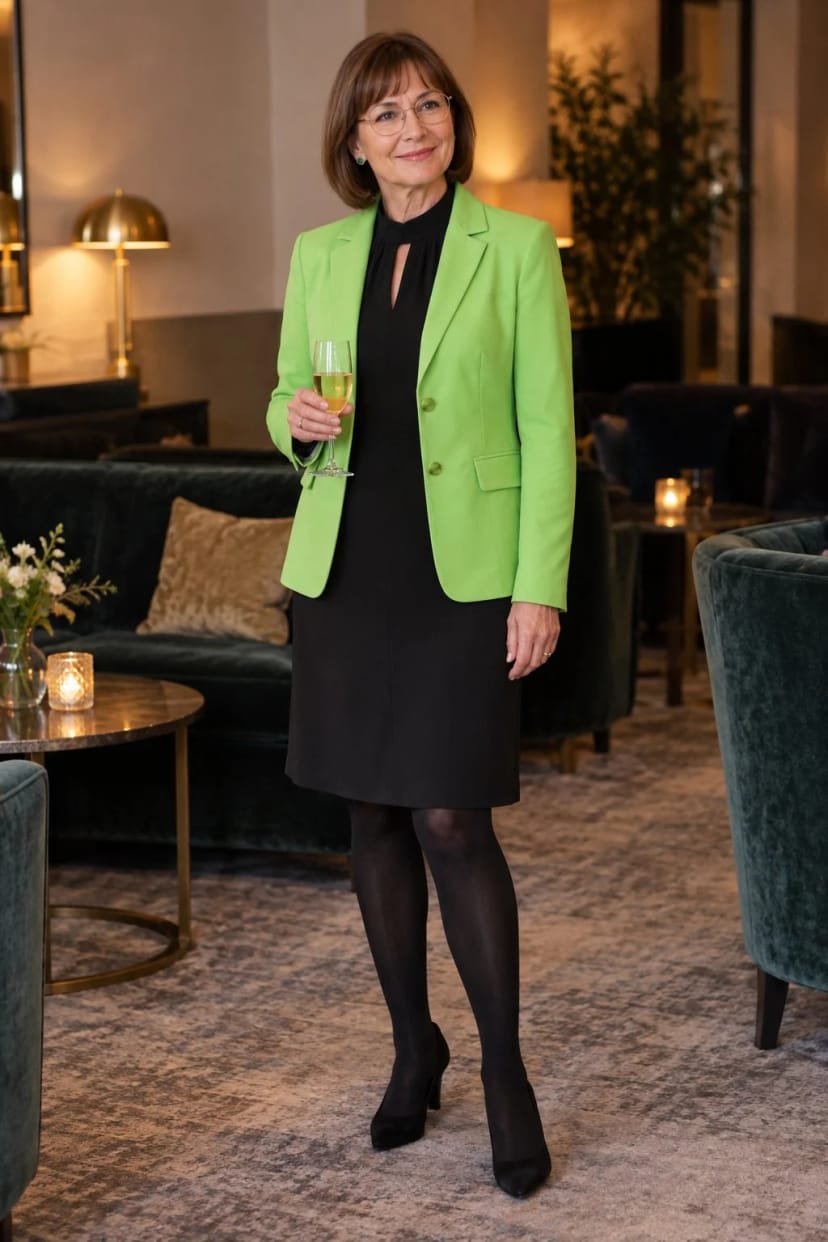 Frau trägt Kiwi-Blazer über schwarzem Kleid – Abendliche Feier in der Firmenlounge