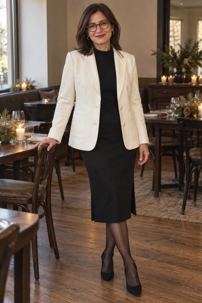 Frau trägt Silbergrauer Longblazer über Kaschmirkleid – Weihnachtsessen mit dem Team im Restaurant