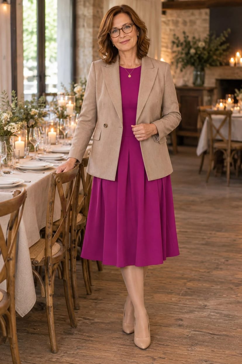 Frau trägt Beerenkleid mit Gürtel und Doppelreiher – Weihnachtsessen an der langen Tafel