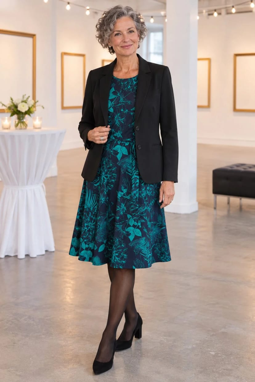 Frau trägt Farbiges Kleid, schwarzer Rahmen – Firmenfeier in einer Galerie