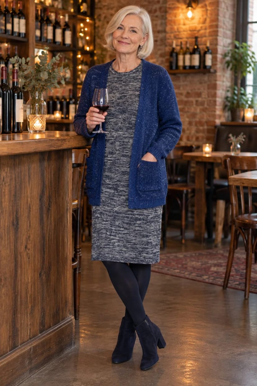 Frau trägt Marineblau mit Glitzerfaden – Weihnachtsfeier des Chors in der Weinbar