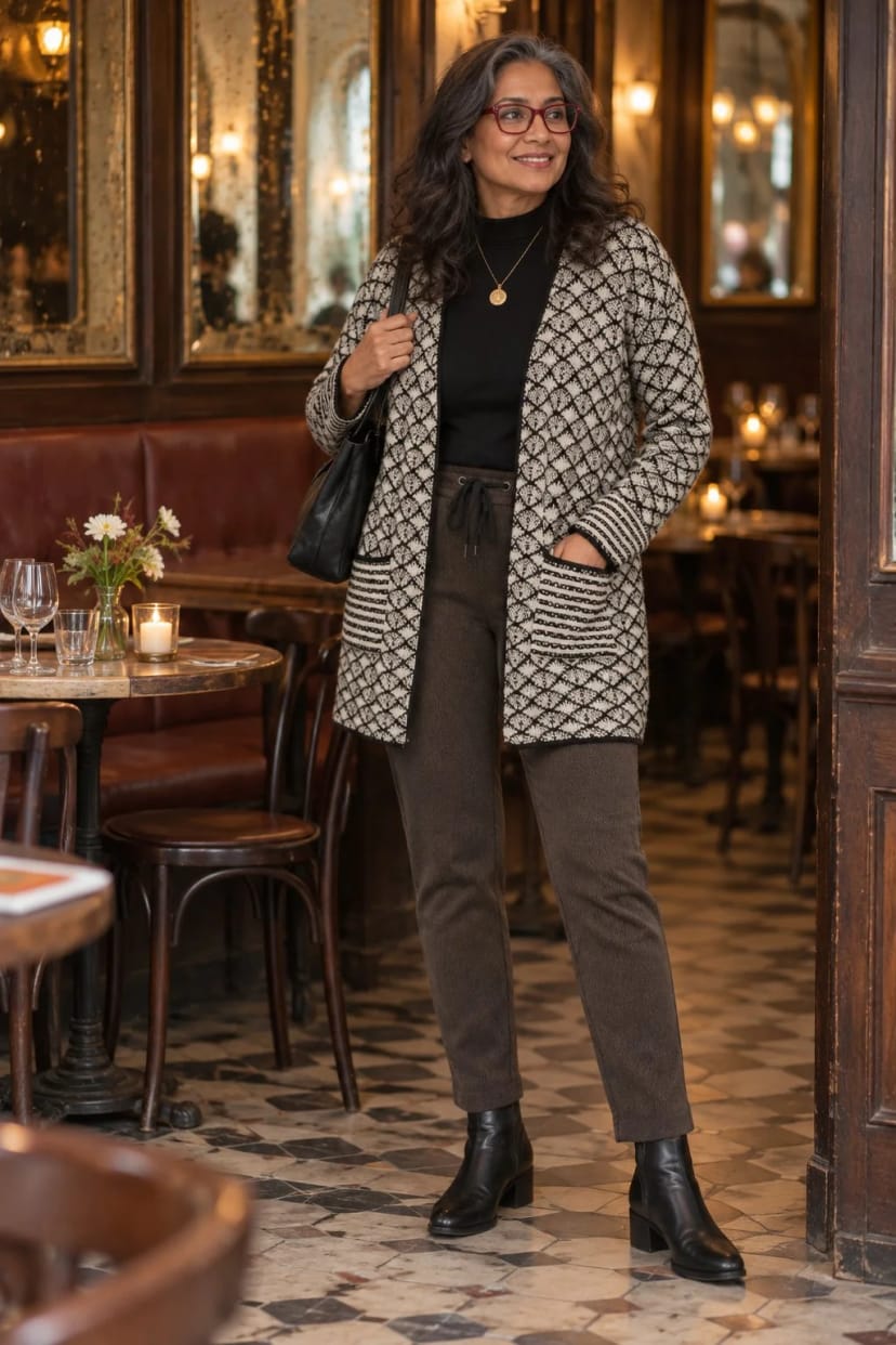 Frau trägt Oversize-Cardigan in Caramel und Holunder – Weihnachtsfeier im Bistro, Anreise mit Bus und Bahn