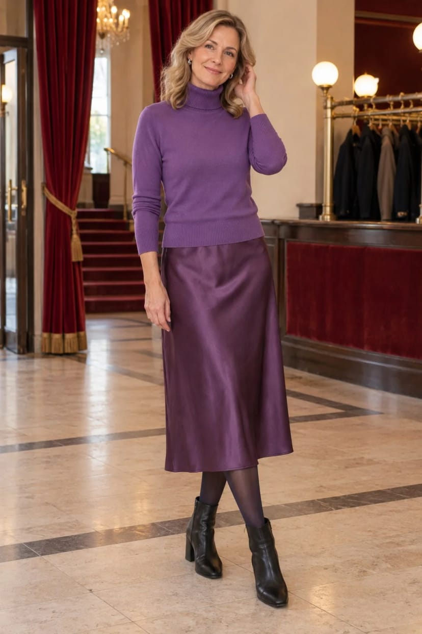 Frau trägt Satin in Marine, Strick in Lavendel – Theaterbesuch mit anschließender Feier