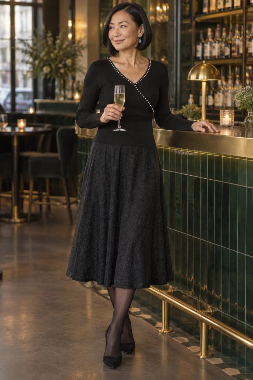 Frau trägt Silberschimmer und rote Stiefeletten – Ausklang in der Cocktailbar nach der offiziellen Feier