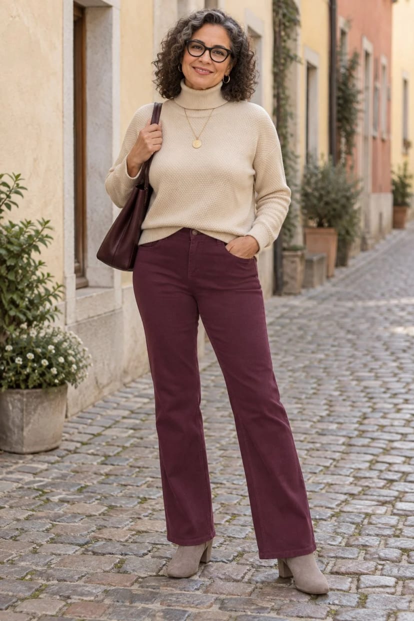 Frau trägt Bordeaux-Jeans mit Austerngrau – Stadtbummel mit der Freundin
