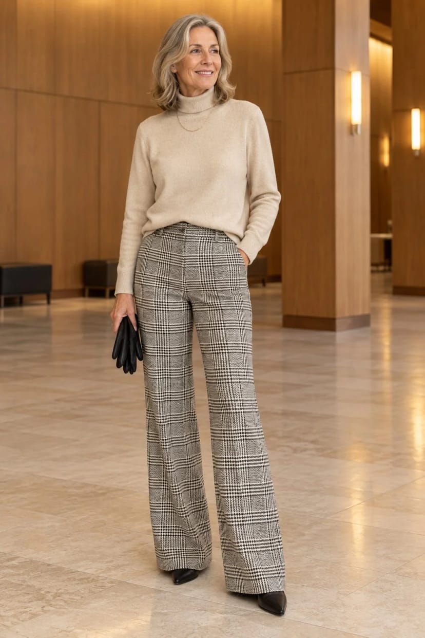 Frau trägt Glencheck bis zum Boden – Konzertabend