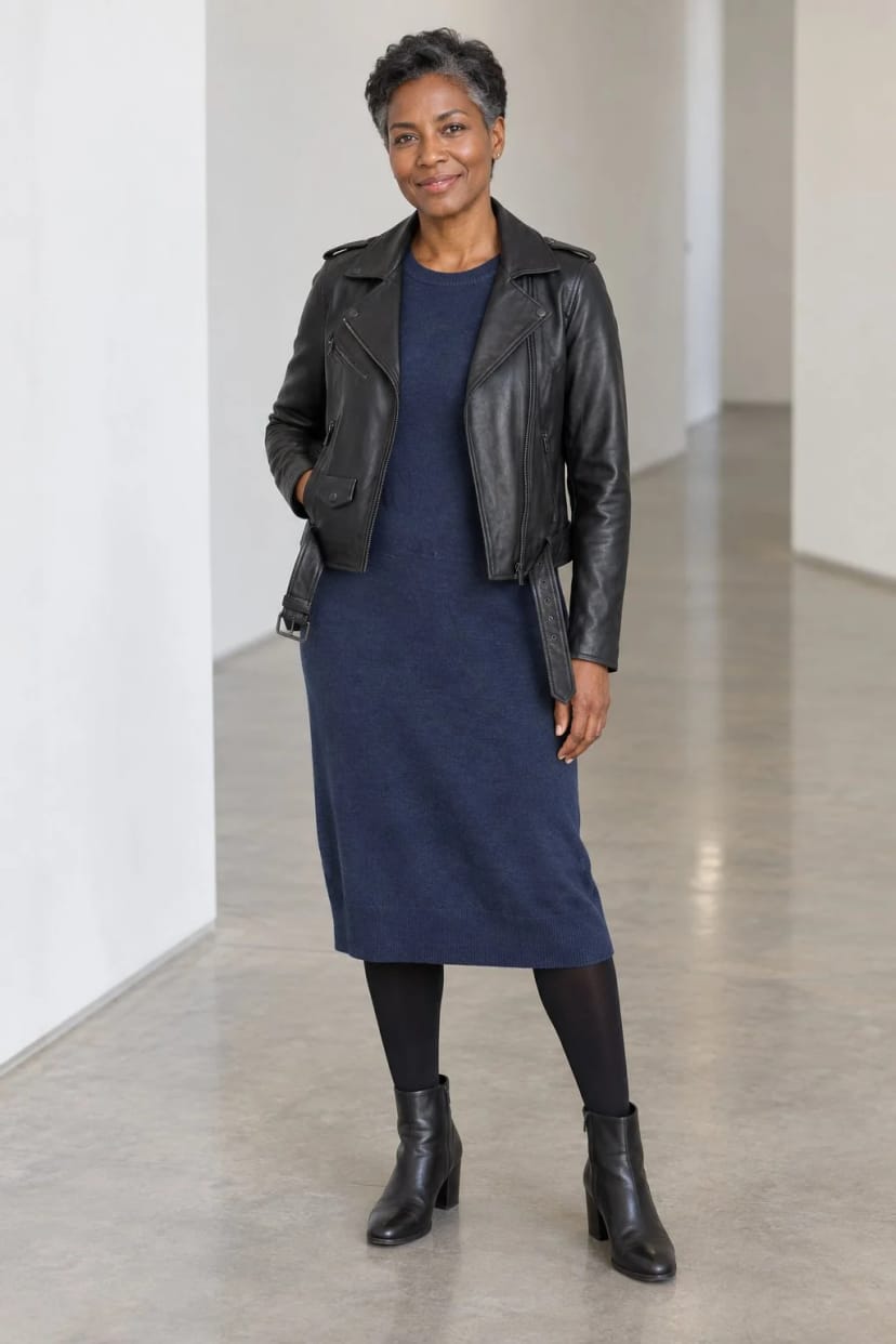 Frau trägt Bikerjacke mit Revers zum grauen Midikleid – Graues Kleid, markante Jacke