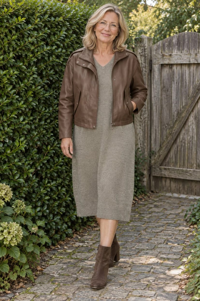 Frau trägt Braun über gedecktem Oliv – Midikleid mit Gürtel