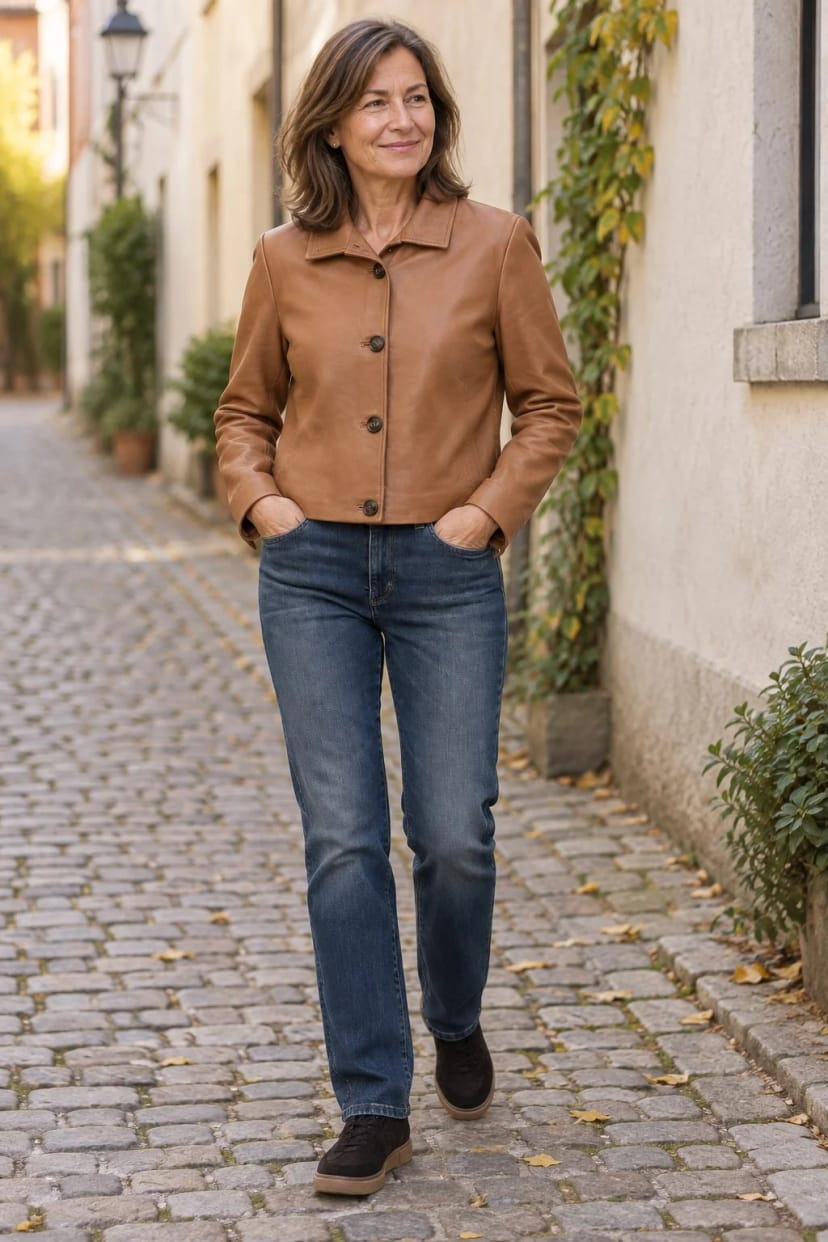 Frau trägt Cognac zu mittelblauem Denim – Gerade Jeans, hüftkurze Jacke