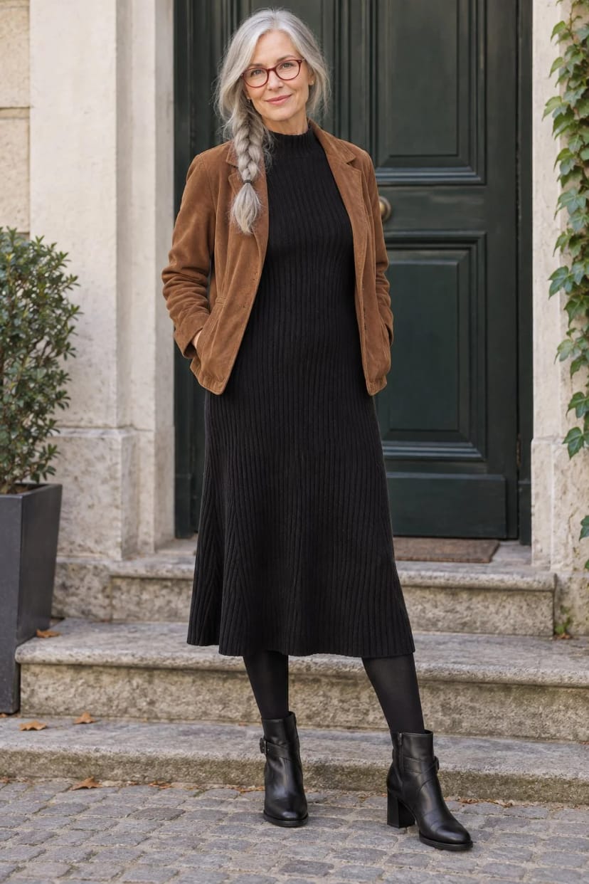 Frau trägt Schwarzes Strickkleid unter Cognac-Wildleder – Strickkleid, schmale Säule