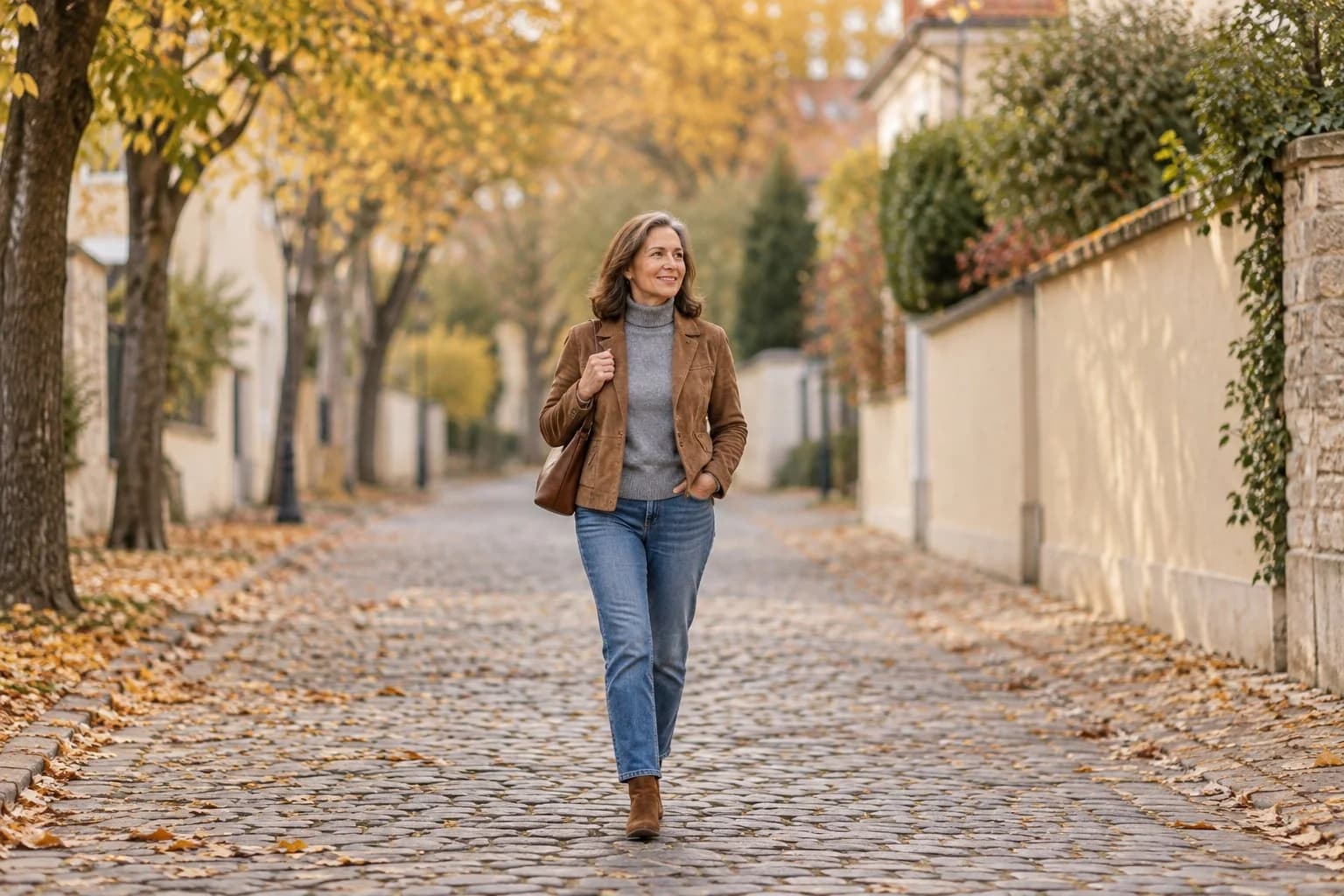 Frau ab 50 im Herbst-Outfit – Wildlederjacke ab 50 kombinieren: 15 Herbst-Outfits