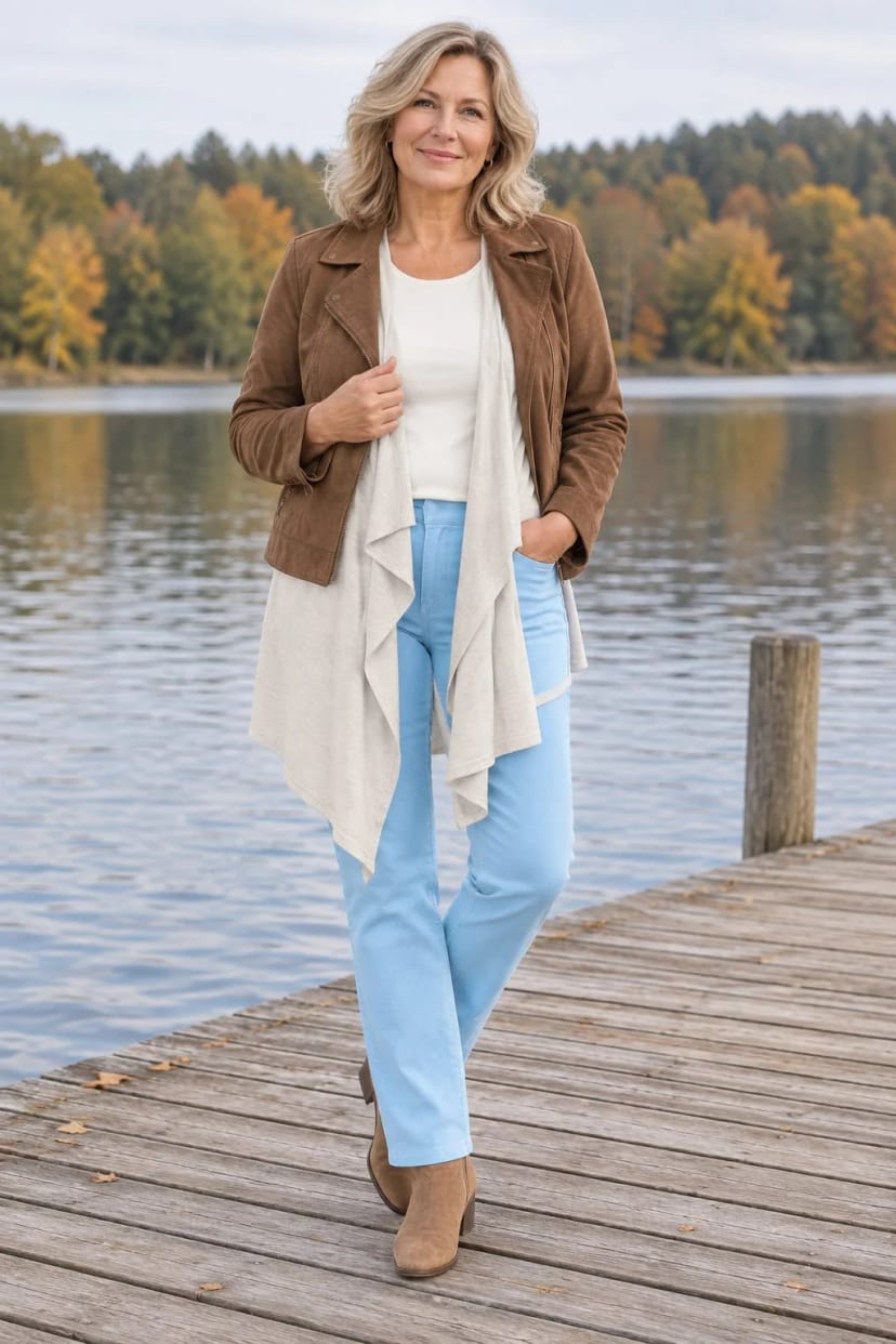 Frau trägt Wasserfall-Strick unter der Wildlederjacke – Lange Strickjacke als Zwischenlage